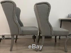 French Upholstered Grey Linen Button Back Studded Winged Dining Chairs (x2)