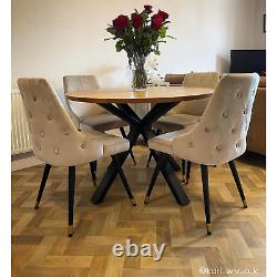 GRADE A2 Pair of Beige Velvet Dining Chairs with Button Back & Black Legs Ma