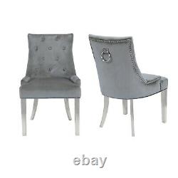 GRADE A2 Pair of Grey Knocker Chairs in Velvet with Chrome Legs & Studs Jade