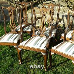 Georgian Chippendale Style Set of 6 Upholstered Dining Chairs & Carvers