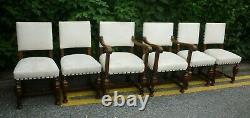 Good Heavy Set Of Six Antique Oak Dining Chairs Upholstered In White Suede