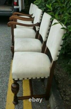 Good Heavy Set Of Six Antique Oak Dining Chairs Upholstered In White Suede