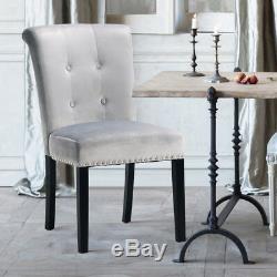 Grey Button Back Velvet Upholstered Dining Chairs Chrome Back Ring Knoc UK