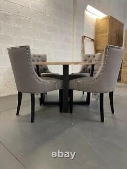 Grey Fabric Primrose Dining Chair Black Wood Legs Pleated Button Silver Accent