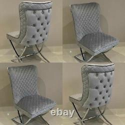 Grey French Brushed Velvet Dining Chair Chrome Cross Legs Tufted Button Back