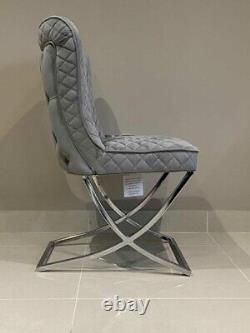 Grey French Brushed Velvet Dining Chair Chrome Cross Legs Tufted Button Back