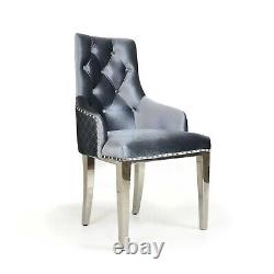 Grey Knocker Dining Chair Buttoned Quilted High Back Chrome Legs Round Velvet