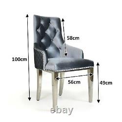 Grey Knocker Dining Chair Buttoned Quilted High Back Chrome Legs Round Velvet