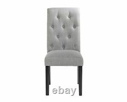 Grey Linen Dining Chair Scroll Button Back With Black Legs Upholstered Furniture