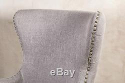 Grey Linen Dining Chair With Armrests, Upholstered Carver Chair, Button Back