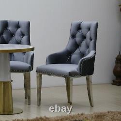 Grey Lion Knocker Chair Buttoned Quilted High Back Steel Frame Dining Velvet