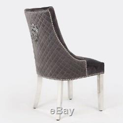 Grey Plush Velvet Upholstered Dining Chair With Lion Head Knocker