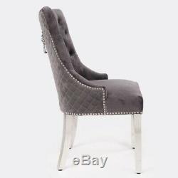 Grey Plush Velvet Upholstered Dining Chair With Lion Head Knocker