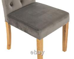 Grey Velvet Dining Chair Button Back Scroll Back With Oak Legs