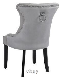 Grey Velvet Dining Chair, Ring Knocker Velvet Material Studded Wing back