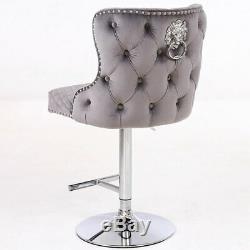 Grey Velvet Upholstered Breakfast Bar Stool Chrome Lionhead Dining Chair Seat