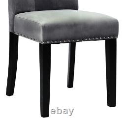 Grey Velvet Upholstered Dining Chairs Accent Seat with Knocker Back Wooden Legs
