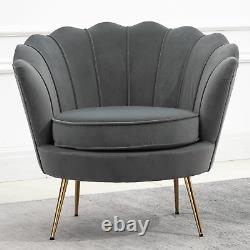 Grey Velvet Upholstered Scallop Chair Golden Wooden Legs Modern Padded Armchair