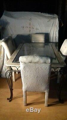 Heavy Iron, Marble & Glass Dining Table & 4 Cream Damask Upholstered Chairs