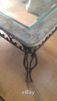 Heavy Iron, Marble & Glass Dining Table & 4 Cream Damask Upholstered Chairs