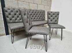 Industrial Retro 180cm Buttoned Back Grey Faux Leather Dining Bench & 2x Chairs