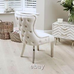 Knightsbridge Cream Double Buttoned Brushed Velvet Dining Chair with Steel Legs
