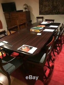 Large Extending Dark Wood Dining Table + 12 Upholstered (Gold & Blue) Chairs