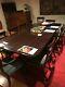 Large Extending Dark Wood Dining Table + 12 Upholstered (gold & Blue) Chairs