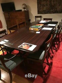 Large Extending Dark Wood Dining Table + 12 Upholstered (Gold & Blue) Chairs