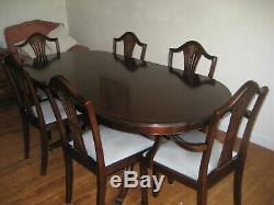 Large Mahogony Dining Table and 6 Chairs Upholstered in Sky Blue