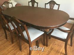 Large Mahogony Dining Table and 6 Chairs Upholstered in Sky Blue