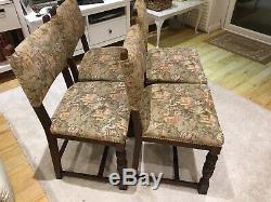 Large Oak Dining Table And Set Of 4 Matching Jacobean Style Upholstered Chairs