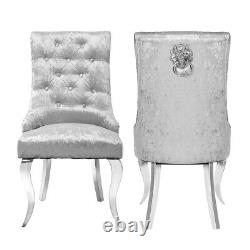 Light Grey Crushed Velvet Lion Knocker Buttoned Back Dining Chair with Chrome Legs