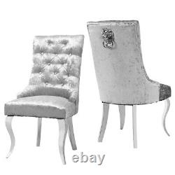 Light Grey Crushed Velvet Lion Knocker Buttoned Back Dining Chair with Chrome Legs