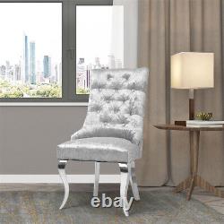 Light Grey Crushed Velvet Lion Knocker Buttoned Back Dining Chair with Chrome Legs