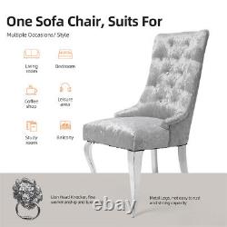 Light Grey Crushed Velvet Lion Knocker Buttoned Back Dining Chair with Chrome Legs