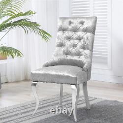 Light Grey Crushed Velvet Lion Knocker Buttoned Back Dining Chair with Chrome Legs