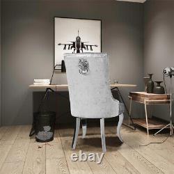 Light Grey Crushed Velvet Lion Knocker Buttoned Back Dining Chair with Chrome Legs