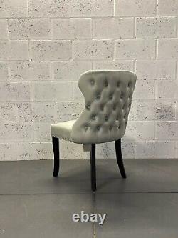 Light Grey Velvet Chesterfield Dining Chair Button Back Fluted Black Wood Legs