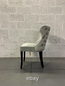 Light Grey Velvet Chesterfield Dining Chair Button Back Fluted Black Wood Legs