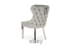 Light Grey Velvet Eaton Dining Chair Polished Metal Leg Lion Knocker Button Back