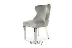 Light Grey Velvet Eaton Dining Chair Polished Metal Leg Lion Knocker Button Back