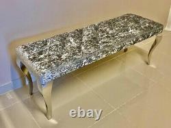 Louis Chrome Dining Bench Seat Upholstered Buttoned Silver Crushed Velvet 1.4 m