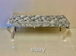 Louis Chrome Dining Bench Seat Upholstered Buttoned Silver Crushed Velvet 1.4 m