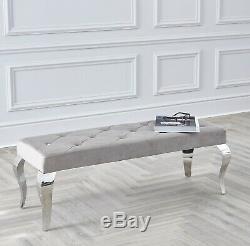 Louis Chrome Dining Bench Seat Upholstered Buttoned Velvet Grey Cream Black 1.3m