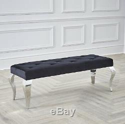 Louis Chrome Dining Bench Seat Upholstered Buttoned Velvet Grey Cream Black 1.3m