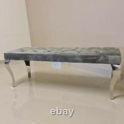 Louis Chrome Leg Dining Bench Seat Upholstered Buttoned Grey Brushed Velvet 1.4m