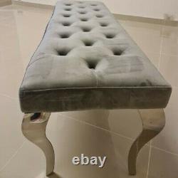 Louis Chrome Leg Dining Bench Seat Upholstered Buttoned Grey Brushed Velvet 1.4m
