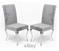 Louis Velvet Grey Dining Chairs Metal Legs Upholstered Fabric Premium Padded UK