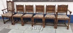 Lovely Set Of Six Vintage Old Charm Oak Tudor Fabric Dining Chairs Two X Carvers
